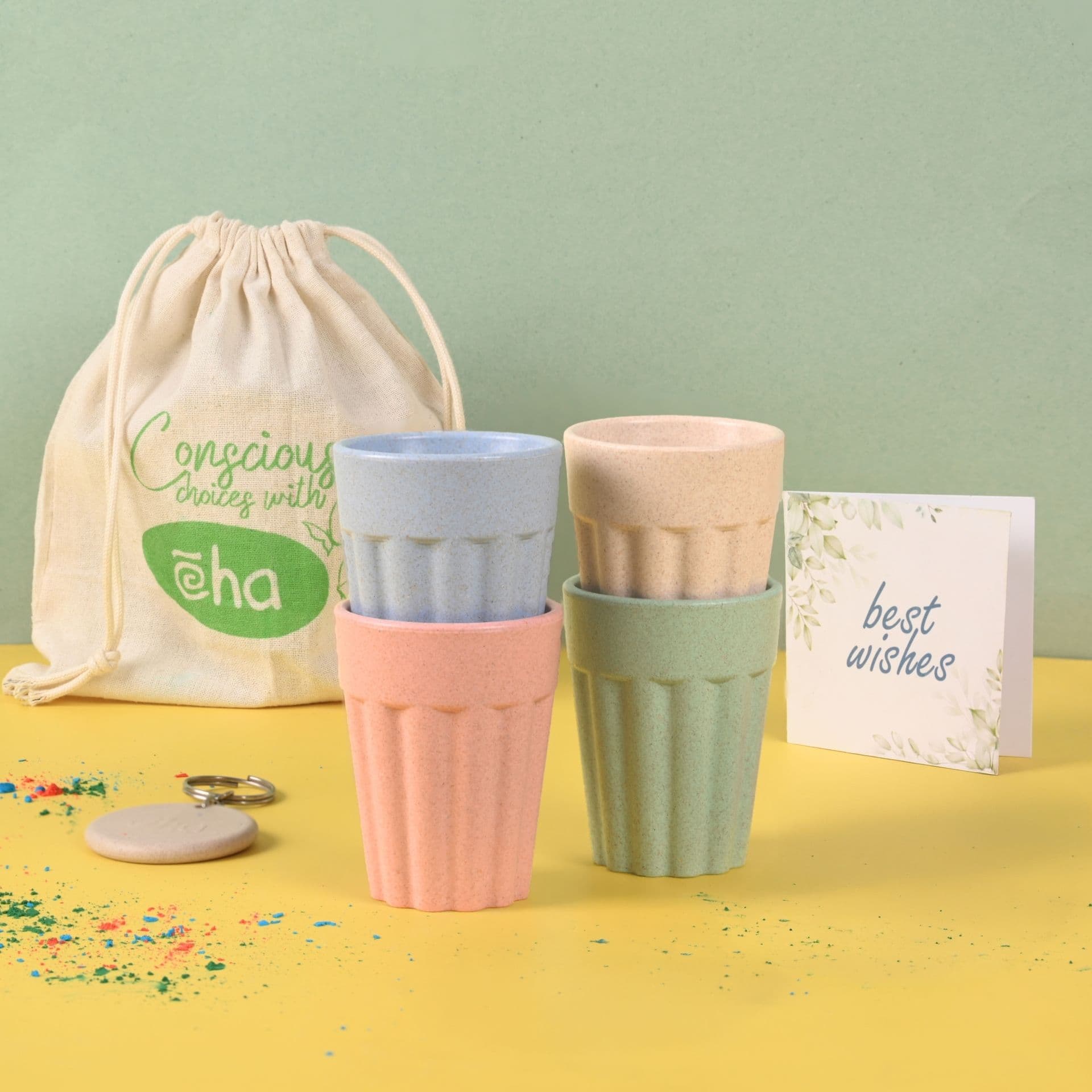 earth friendly cutting chai cups with holi gulal 3 x 50g 100 ml coffee cup set of 4 made with rice husk bamboo fibers holi gift pack - View 1