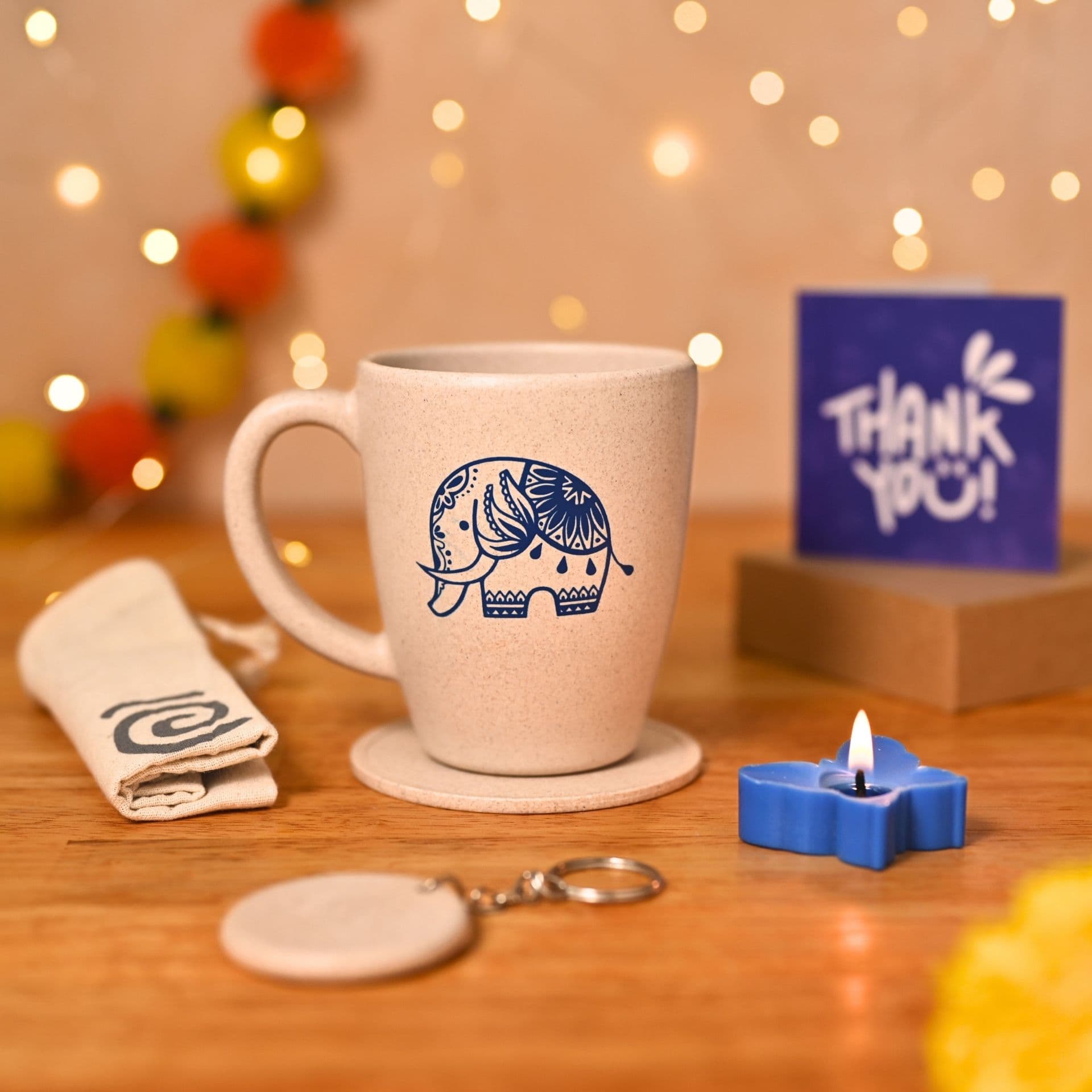 eha earth friendly diwali gift hampers elephant printed mug coaster key chain candle gift bag card made with rice husk gift for sister gifts for women mugs for gift 300 ml - View 1