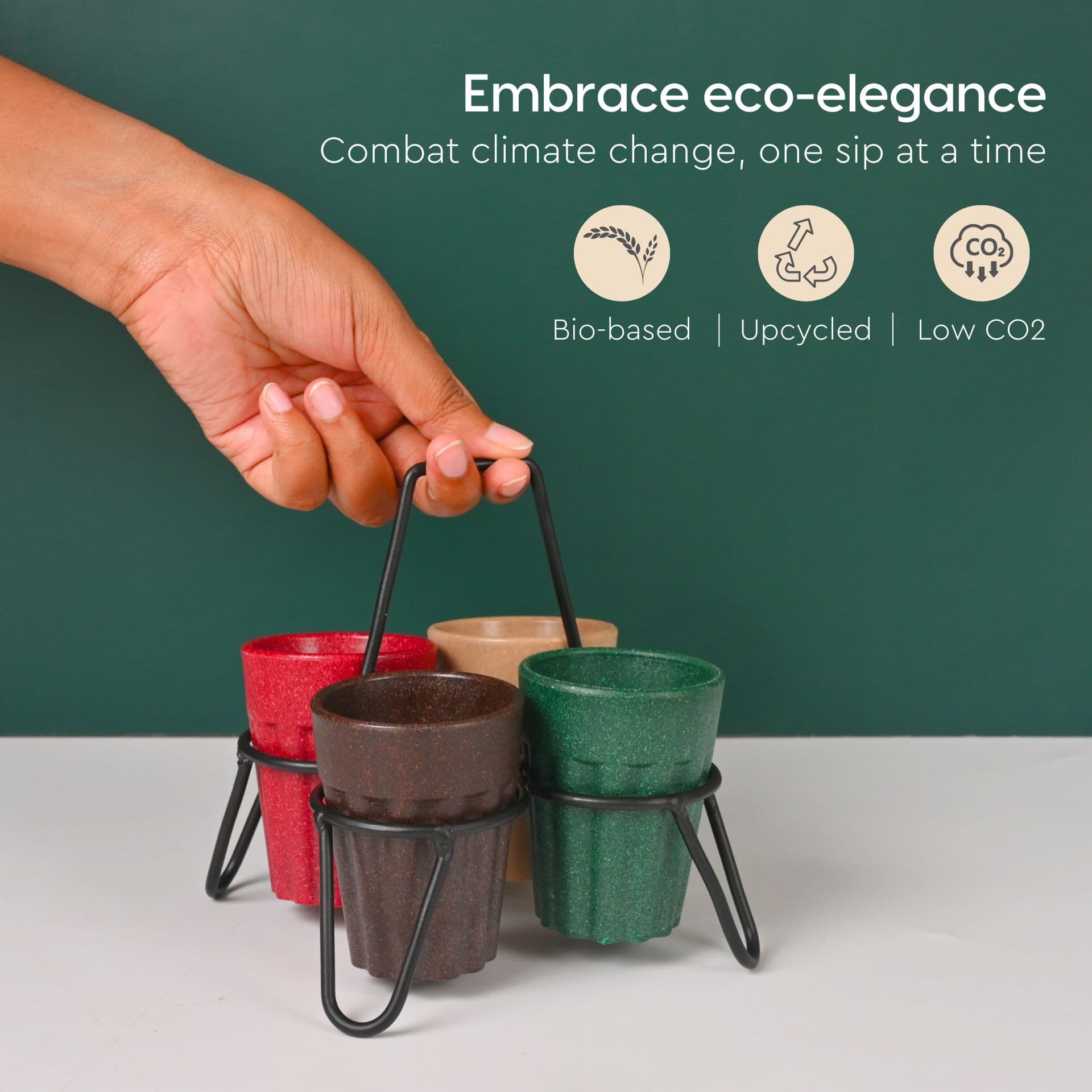 cutting chai with stand 100 ml set of 4 earth friendly unbreakable cups made with rice husk bamboo fibers for hot cold servings - View 1