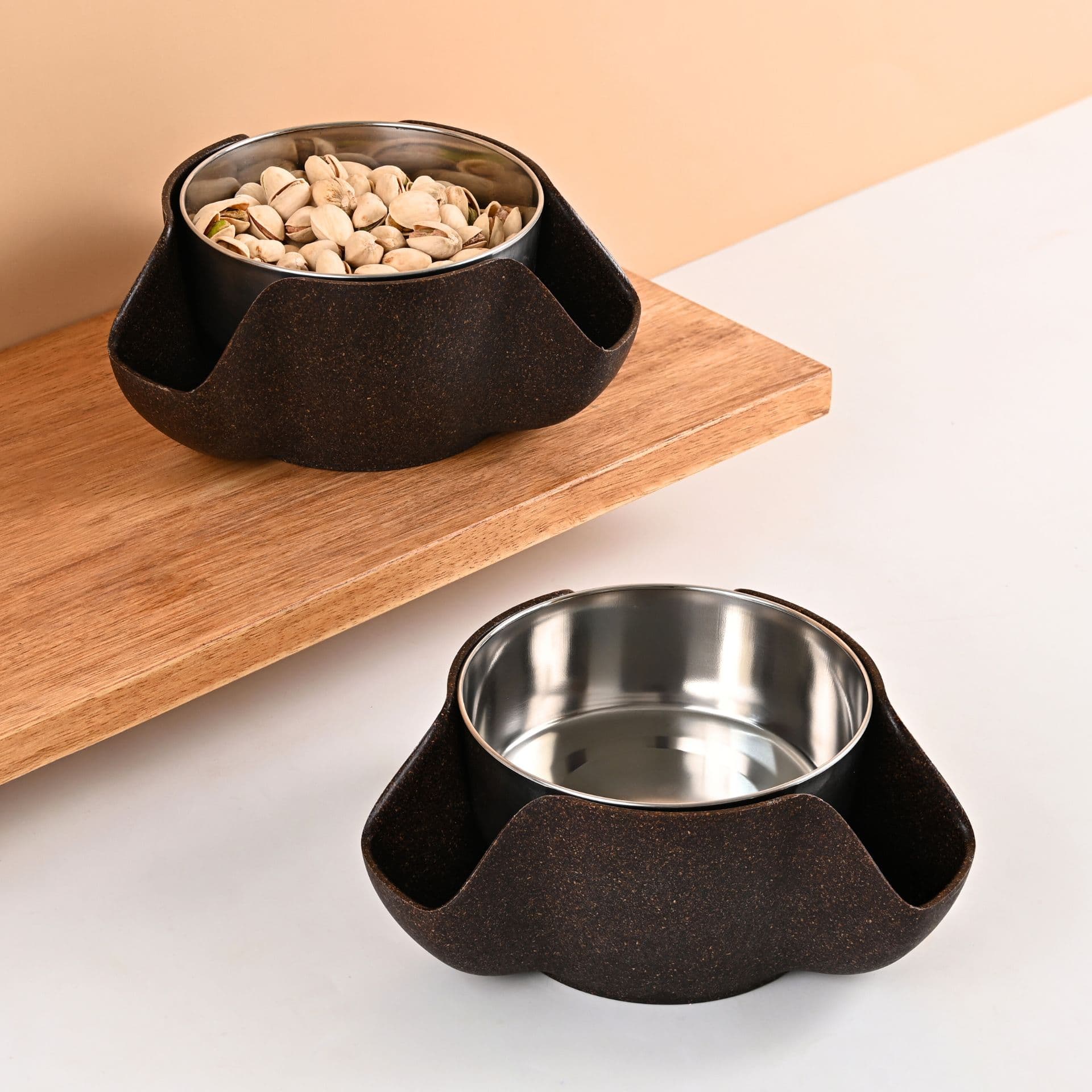 earth friendly double dish pistachio serving bowls set of 2 400ml made with rice husk biocomposite snack bowls for serving dry fruit nuts candy - View 1