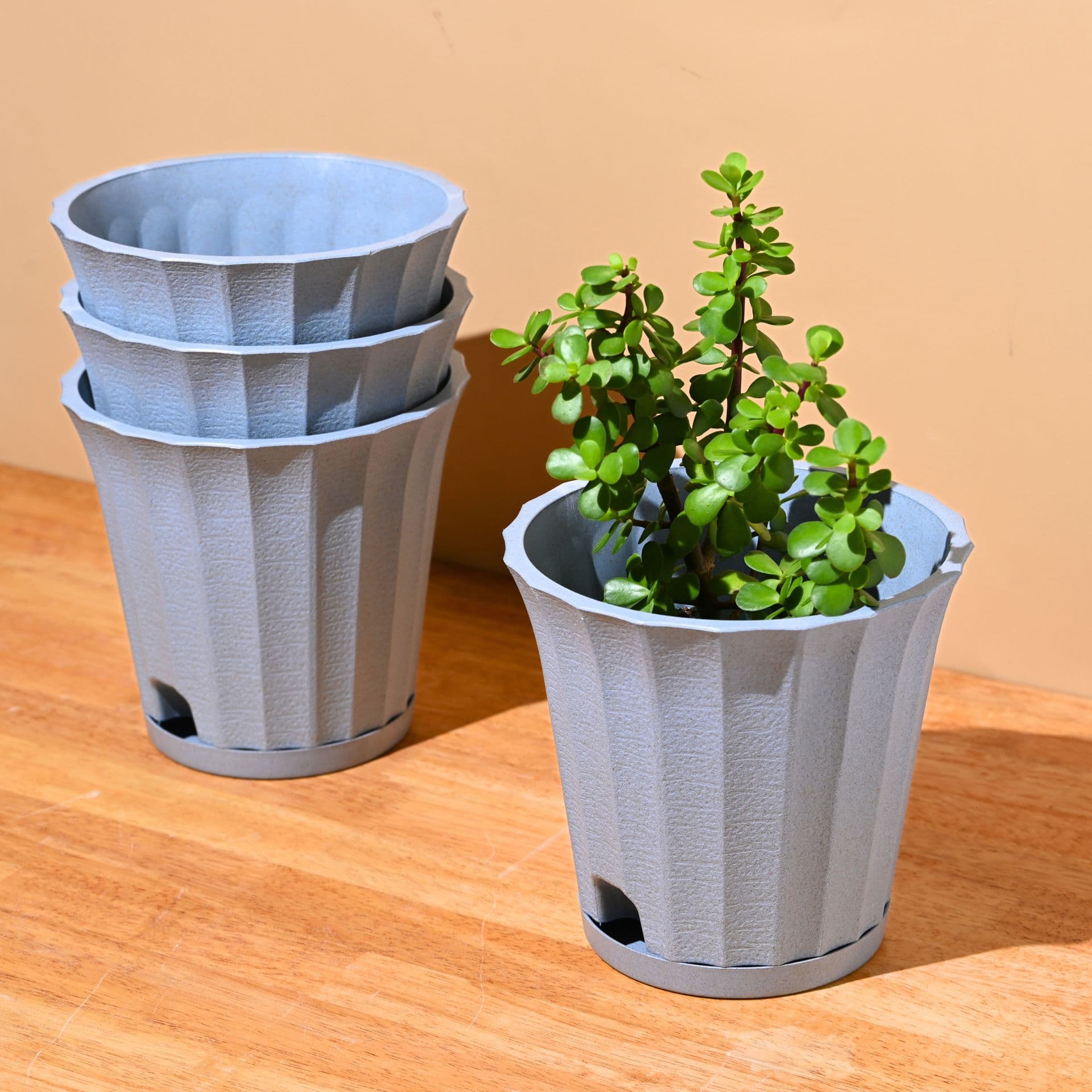 earth friendly ace 7 inch set of 4 small self watering pots for indoor plants plant pot made with bamboo fibers table top planters for home decor flower pot for living room - View 1