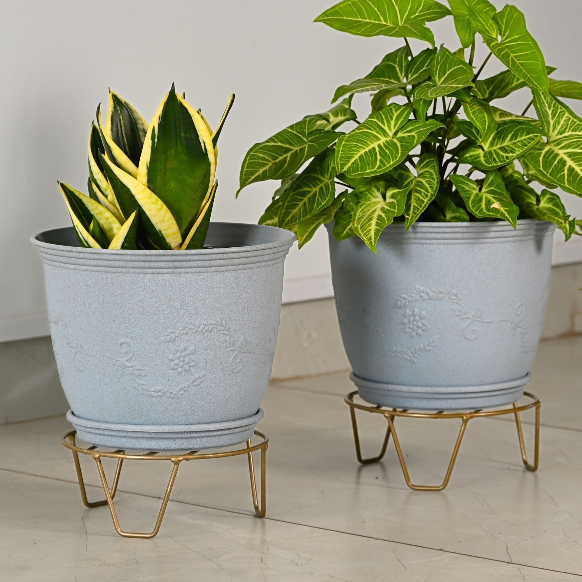 earth friendly 10 leafy planters with tray stand set of 2 bamboo fiber uv protected drainage hole pots for indoor outdoor balcony garden - View 1