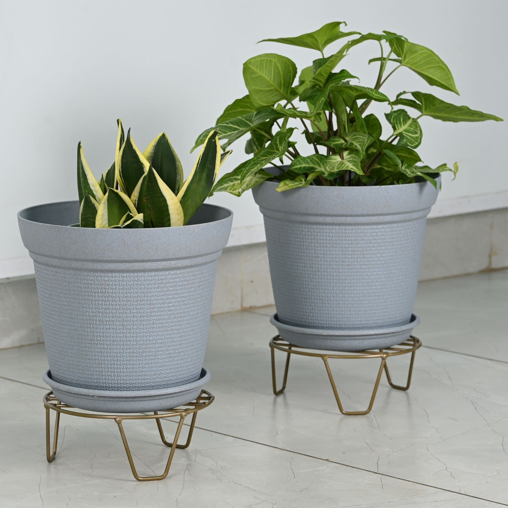 earth friendly aura 10 inch pots with stand set of 2 bamboo based uv protected for indoor home decor outdoor balcony garden - View 1