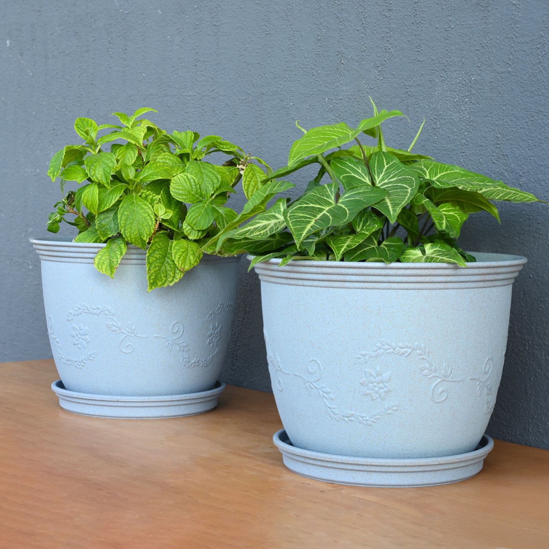earth friendly planters leafy 12 inch set of 2 bamboo based pots and planters with tray uv protected eco friendly planters for indoor outdoor home decor balcony garden - View 1