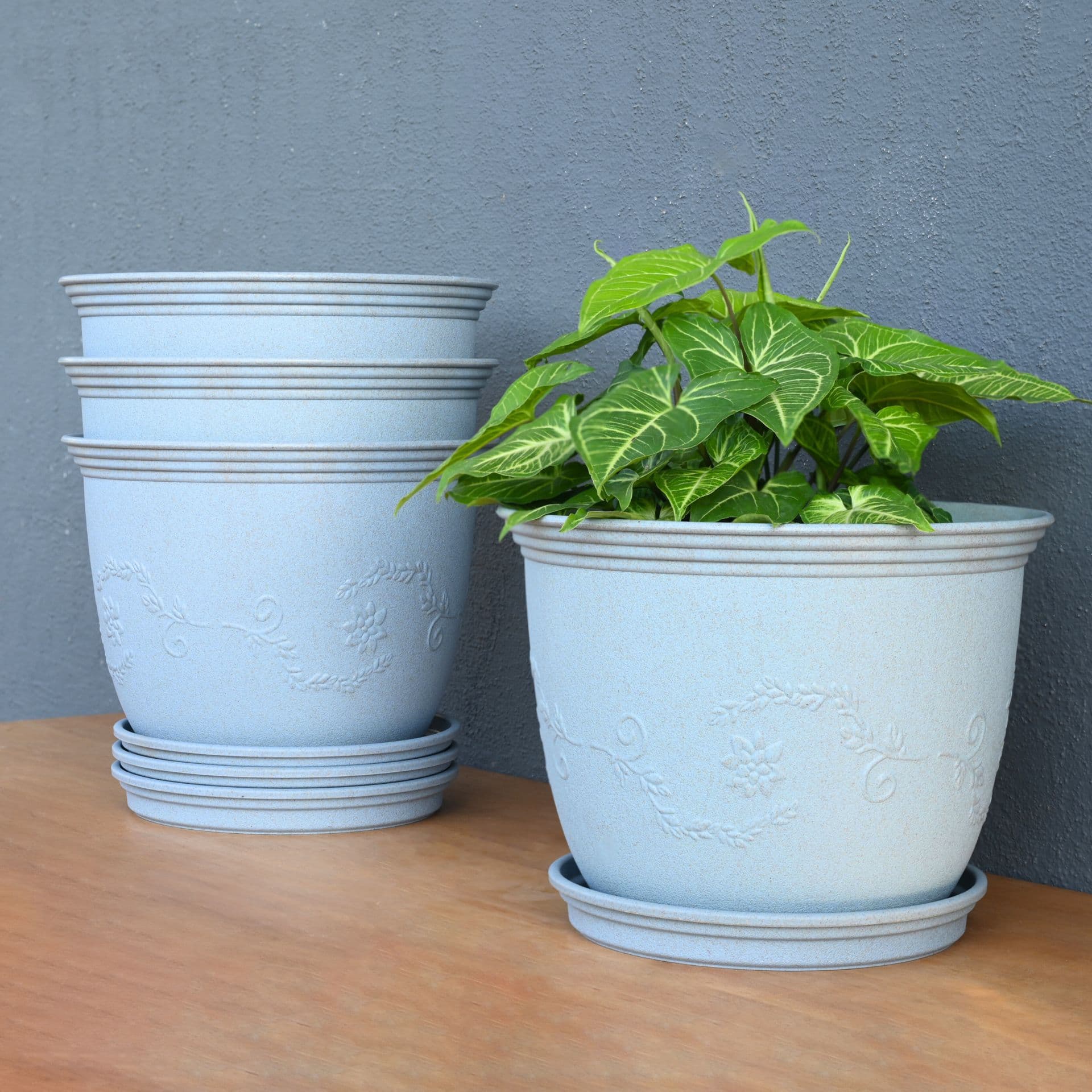 earth friendly planters leafy 12 inch set of 4 bamboo based pots and planters with tray uv protected eco friendly planters for indoor outdoor home decor balcony garden - View 1