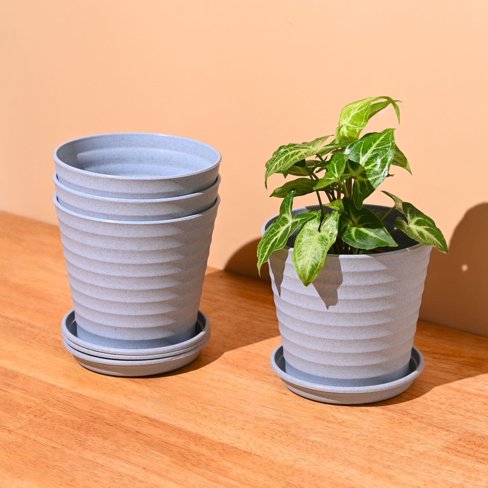 earth friendly planters linea 5 5 inch set of 4 bamboo pots planters with trays uv protected eco friendly planters for indoor outdoor home decor balcony garden - View 1