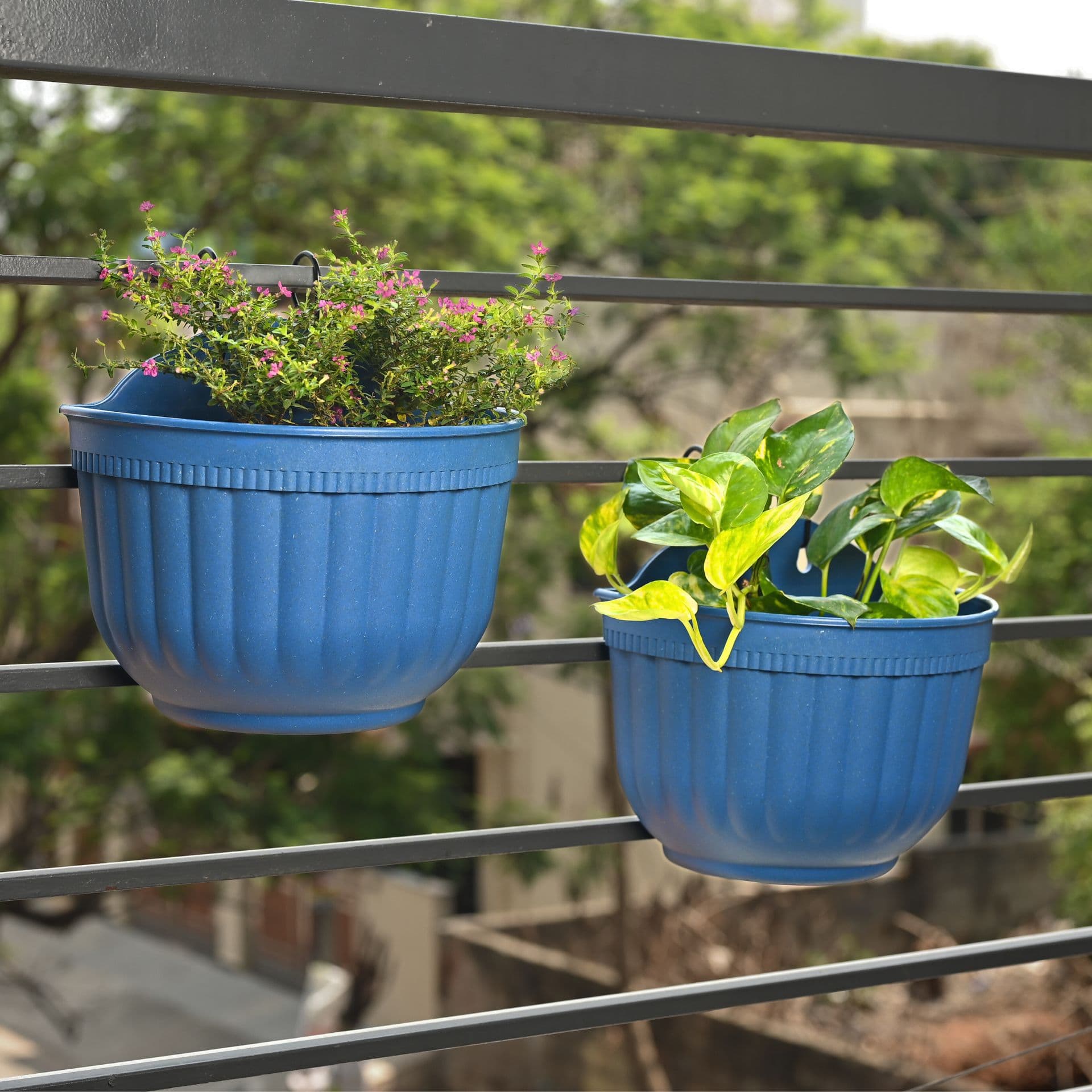 eha earth friendly metal sling 10 inch set of 2 self watering hanging planters for balcony hanging pots for plants bamboo based and uv resistant gamla for plants - View 1